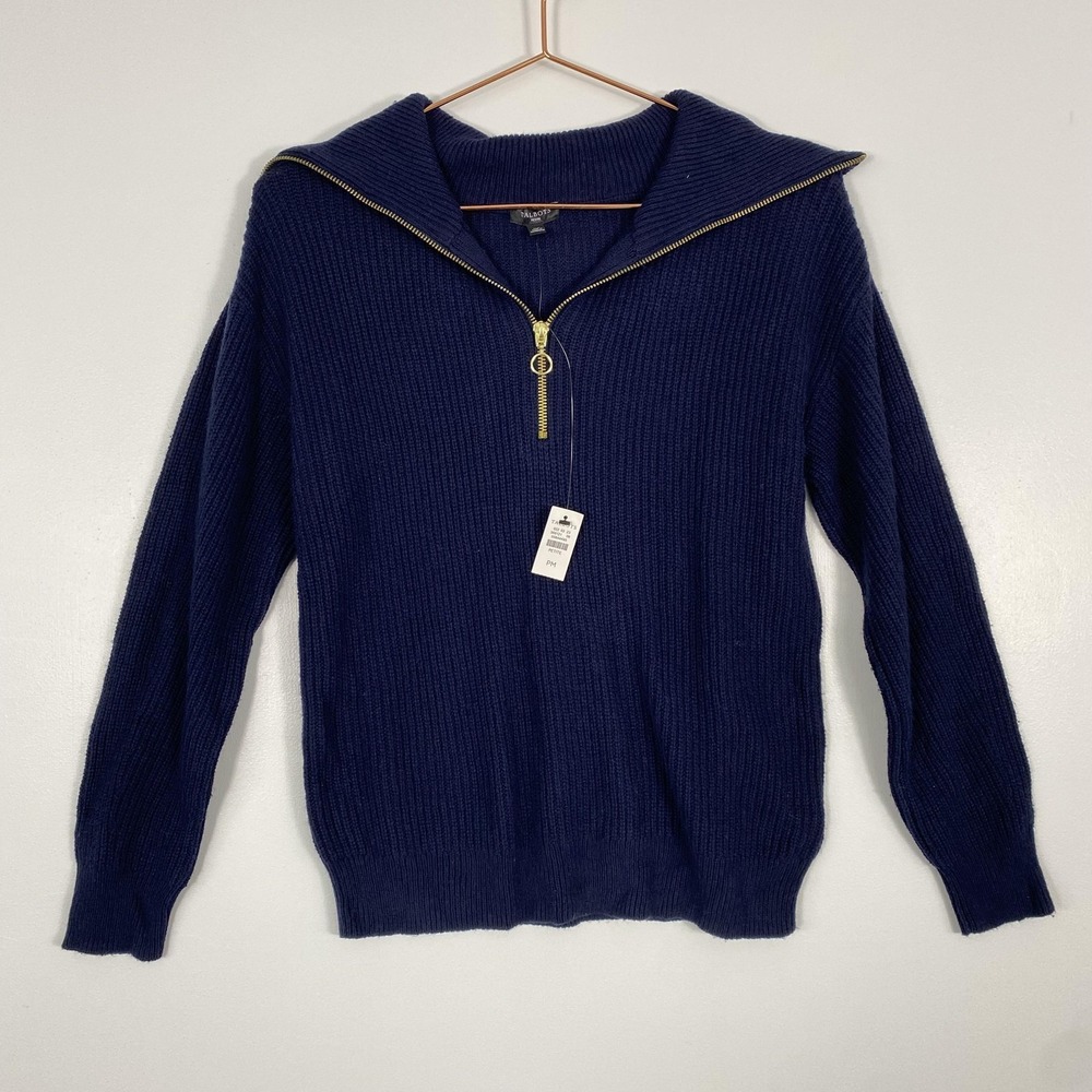 NWT Talbots Sweater Womens‎ Petite Medium Blue 1/2 Zip Collared Knit Pullover